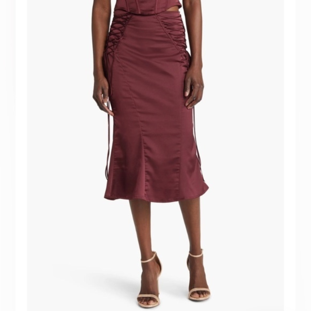 HOUSE OF CB Sidonie Lace-Up Satin Trumpet Midi Skirt wine color Small